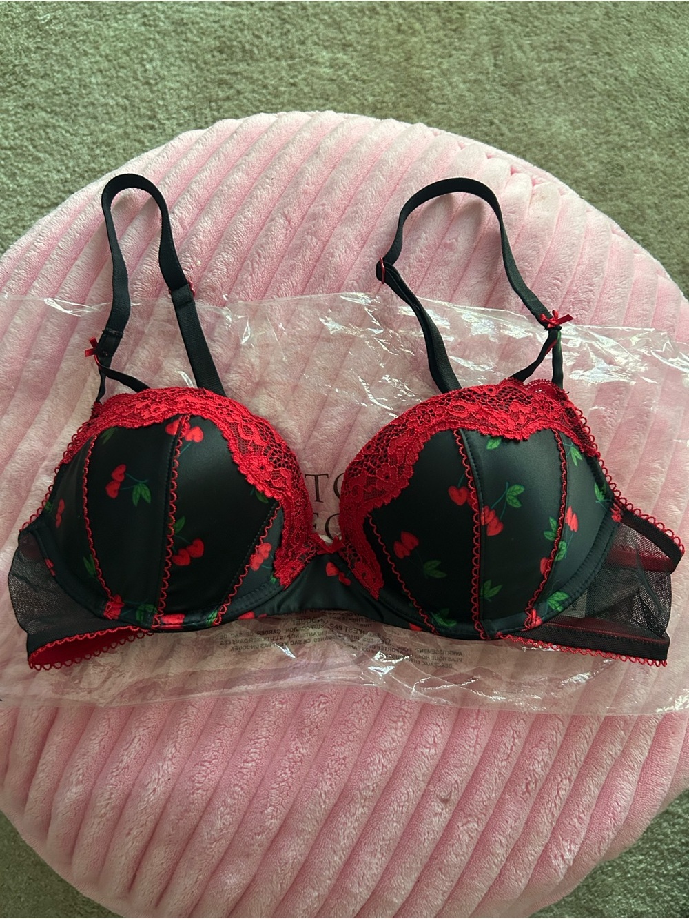 Victoria's Secret Black Bra with Red Cherry Print & Red Lace